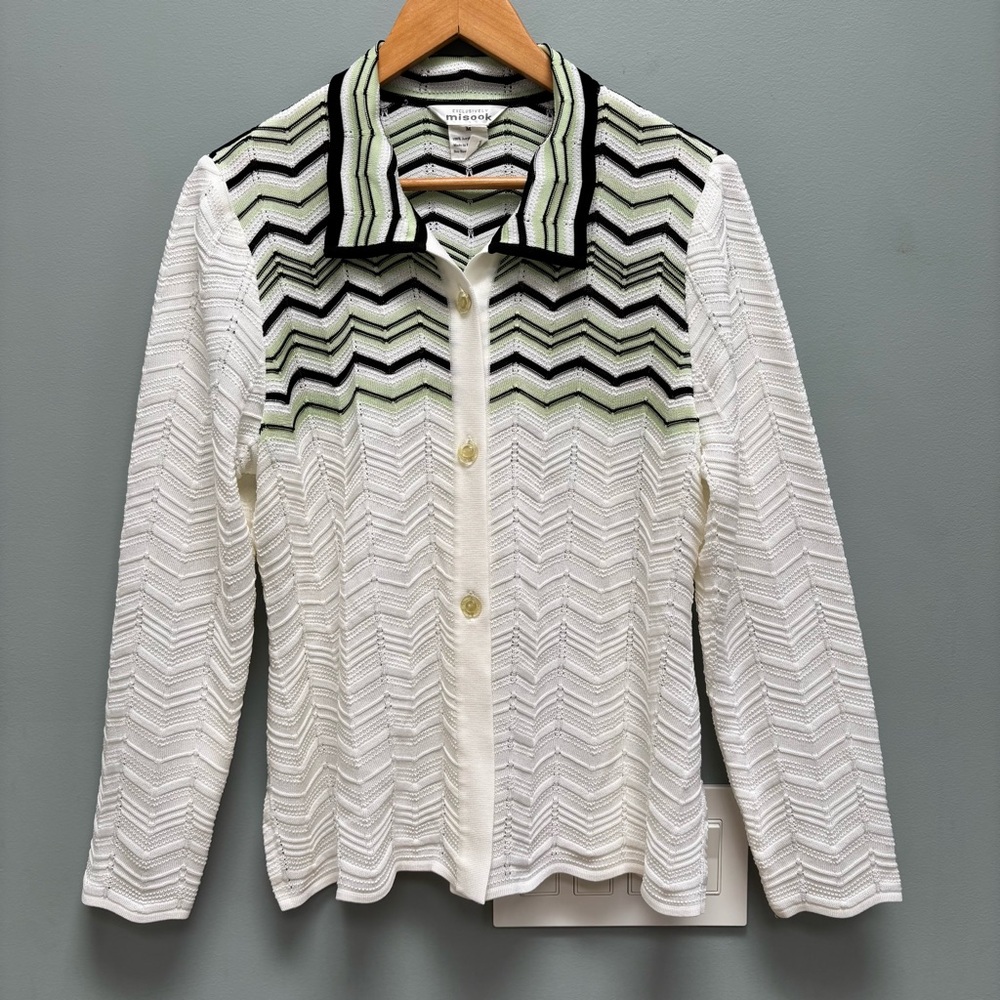 Exclusively Misook White and Green Chevron Collared Cardigan M